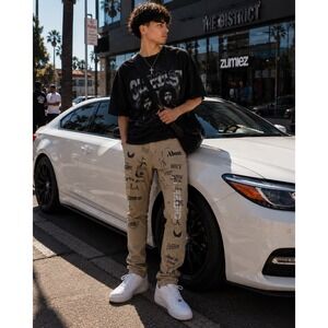 Manfinity Mens Graffiti Print Khaki Pants Tan L.A. Graphic Streetwear Sz Medium